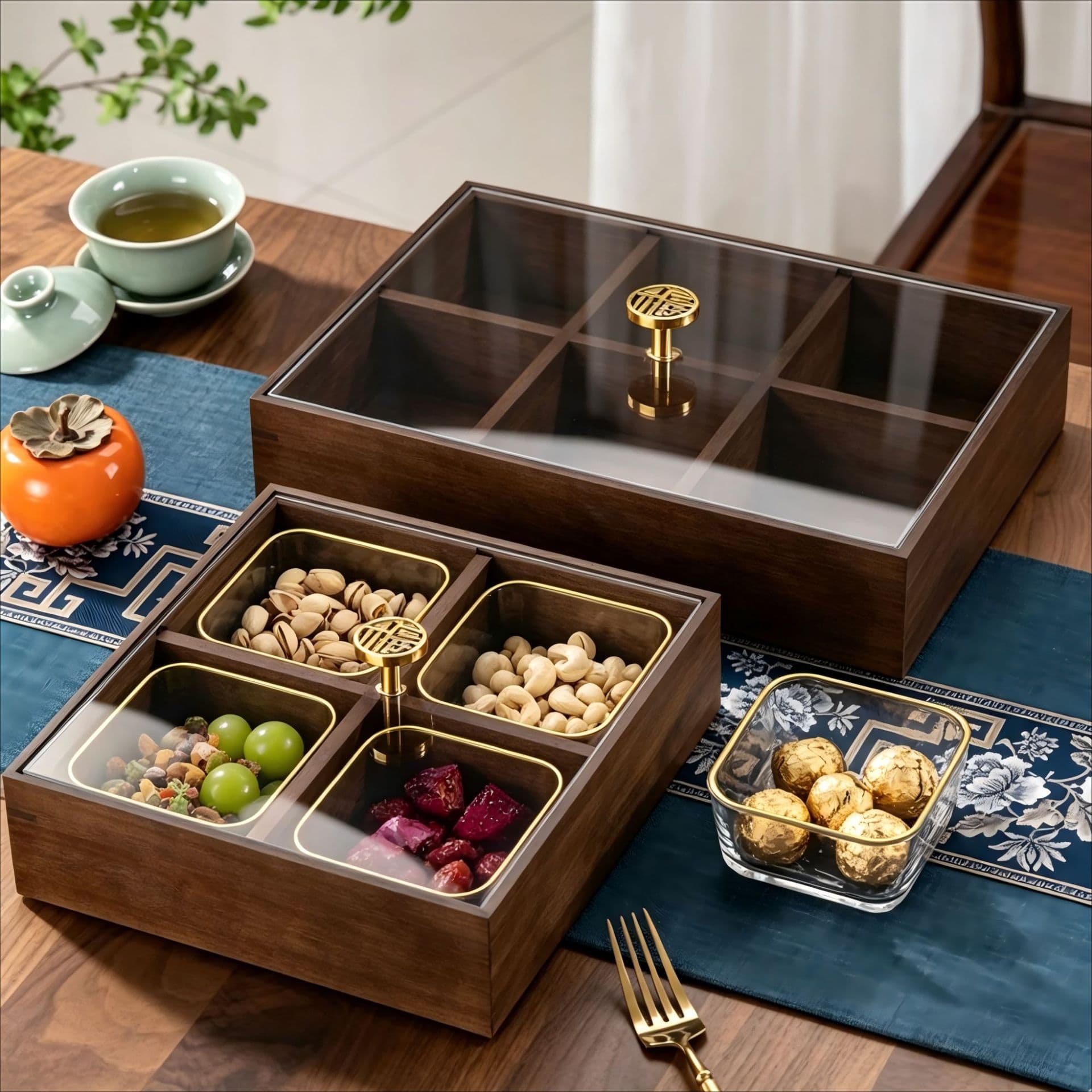 New Chinese Style Wooden Dried Fruit Box Nut Snack Storage Box Compartment Fruit Tray Home Housewarming Candy Platter