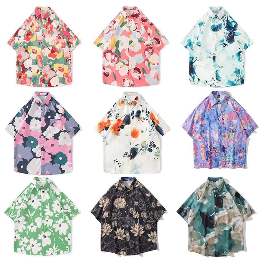 New Japanese Hong Kong Style Summer Short-Sleeve Floral Shirt for Men and Women, Retro Cool Hawaiian Loose Beach Couple Shirt