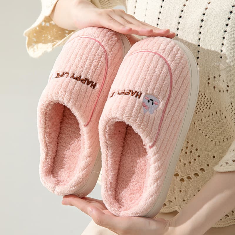 Home Cotton Slippers Women Autumn/Winter Non-Slip Soft Sole Plush Thick Couples Vertical Stripe Cute Smiley Pattern Cotton Slippers