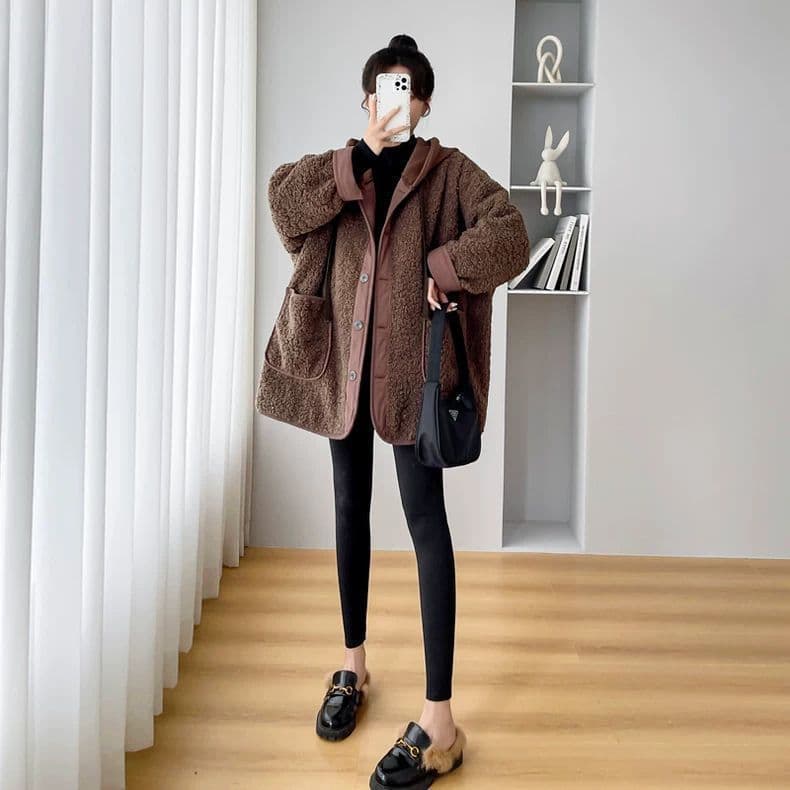 Plus-size Maternity Thickened Lamb Wool Coat for Women, Stylish Casual Loose Hooded Trendy Mom Top up to 200 Jin