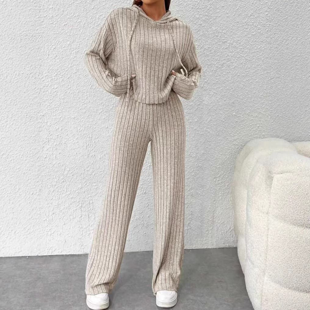 European and American Fall/Winter 2023 Cross-Border Casual Knitted Long-Sleeve Set Women's Export Hoodie Loose Pants Two-Piece Set
