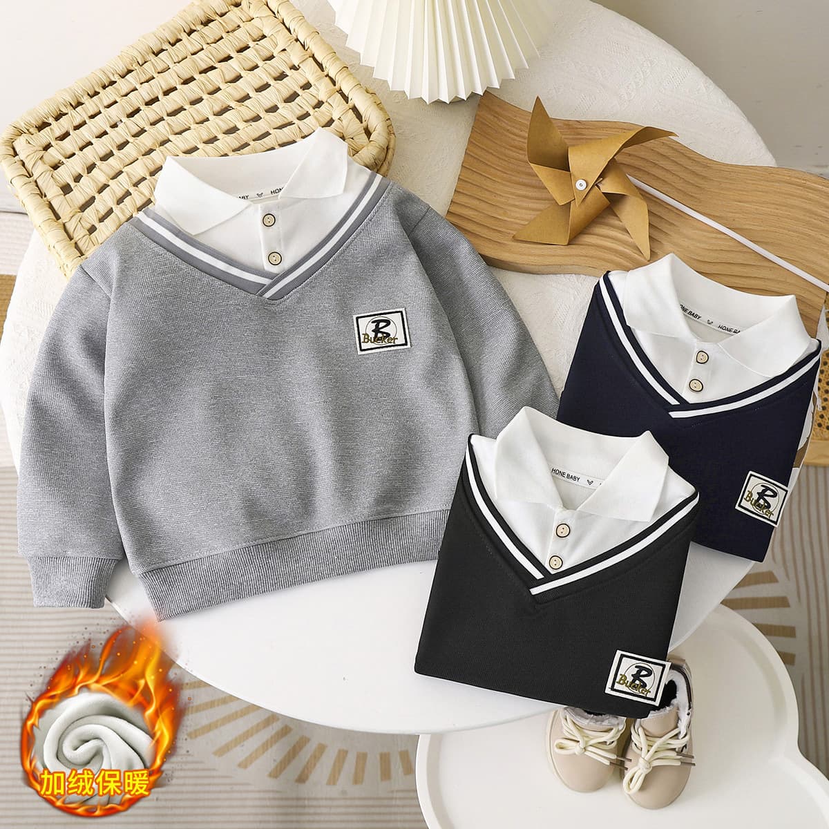 Autumn/winter fleece-lined boys' collared POLO shirt new thick hoodie British-style two-piece illusion medium and large children versatile fashion