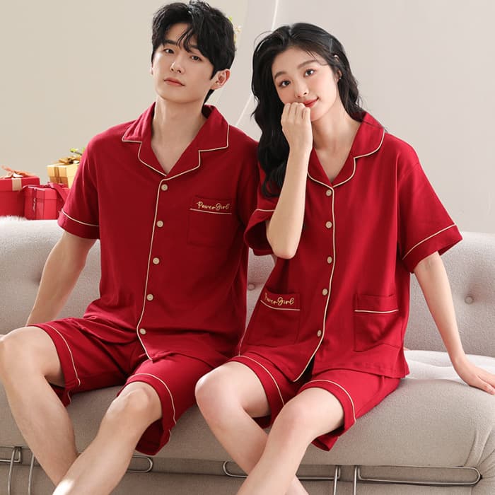Couple Pajamas Summer 6535 Cotton Short Sleeve Women's Wedding Cardigan Zodiac Year Red Festive Homewear Men's