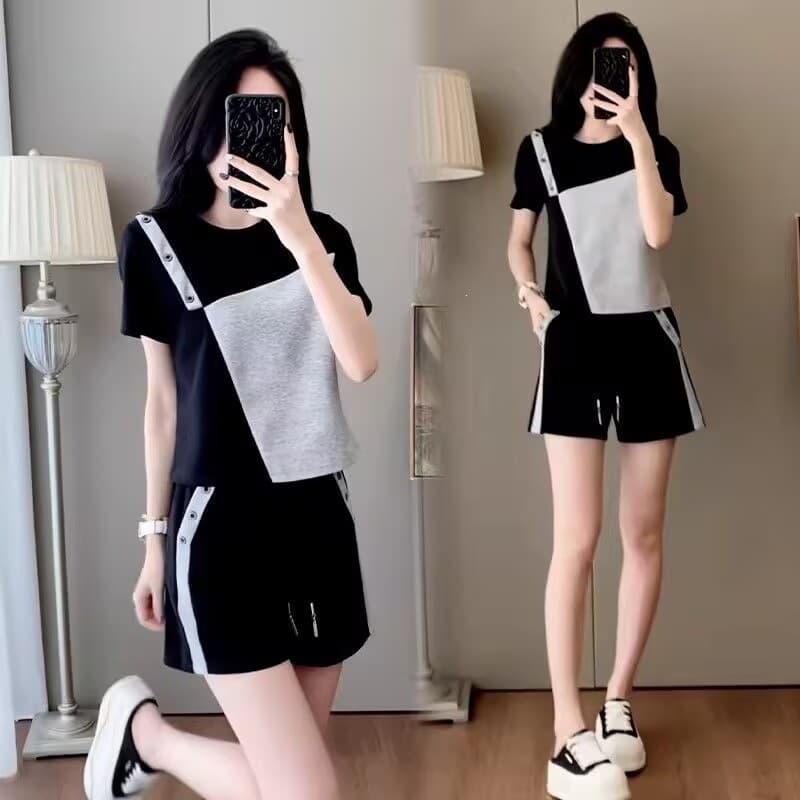 Fashion Casual Set for Women Summer New Patchwork Contrast Color Stylish Short Sleeve Loose Shorts Two-Piece Set