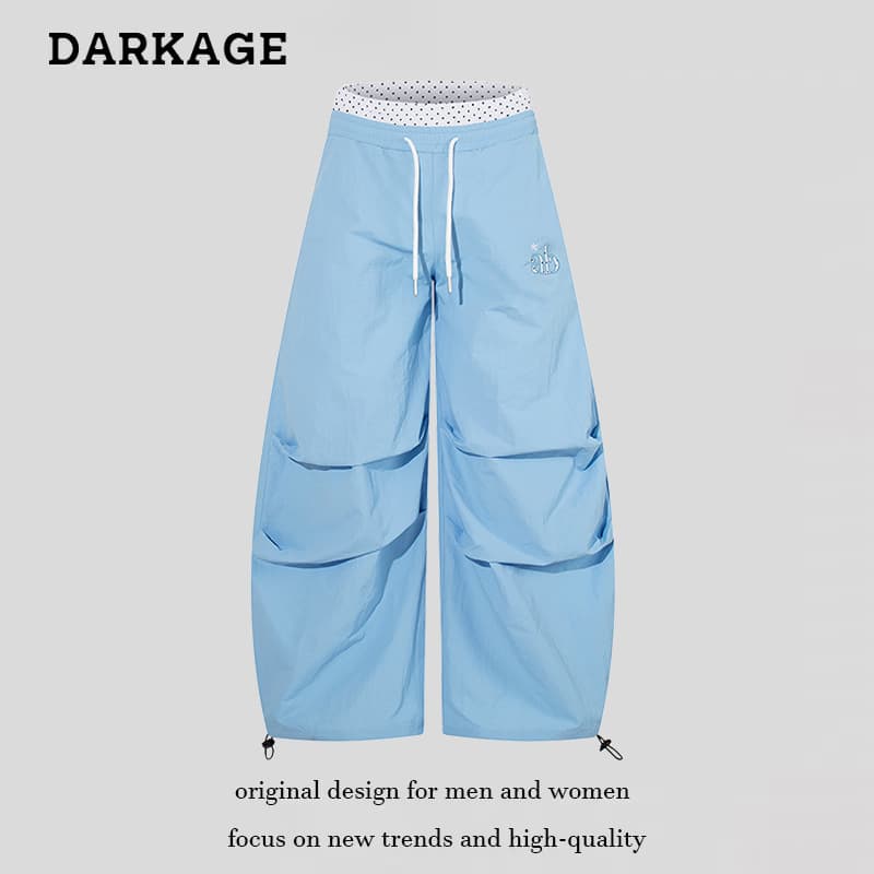 American Polka Dot Patchwork Waist Casual Pants for Women Spring New Style Drawstring Cuffed Loose Wide Leg Long Pants