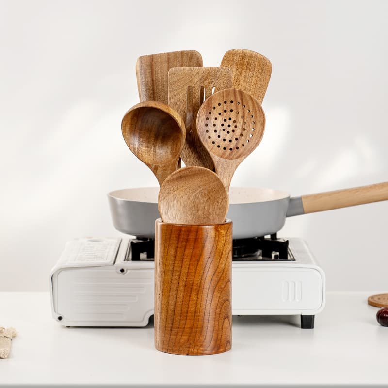 Cross-border 10-piece/5-piece Wooden Spoon Spatula Soup Spoon Kitchen Utensil Set Wooden Spoon Holder Acacia Wood