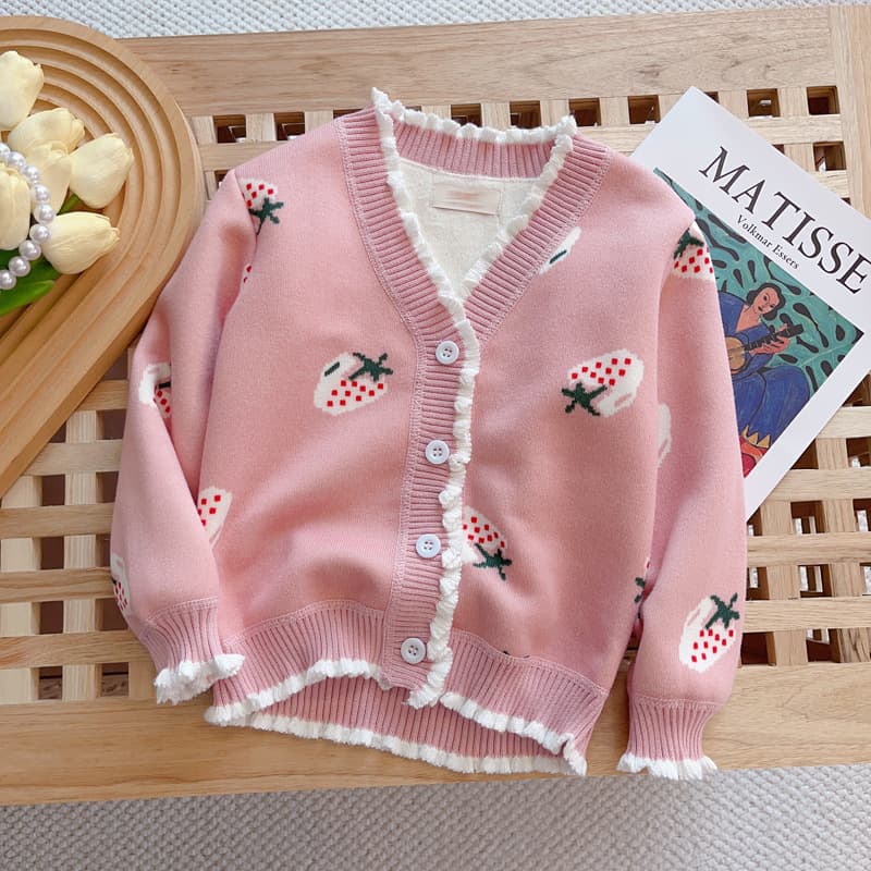 V-neck Trendy Knit Cardigan Children's Clothing, Plush Thickened Sweater, Children's Spring/Autumn/Winter Warm Coat, Girls' Small Children