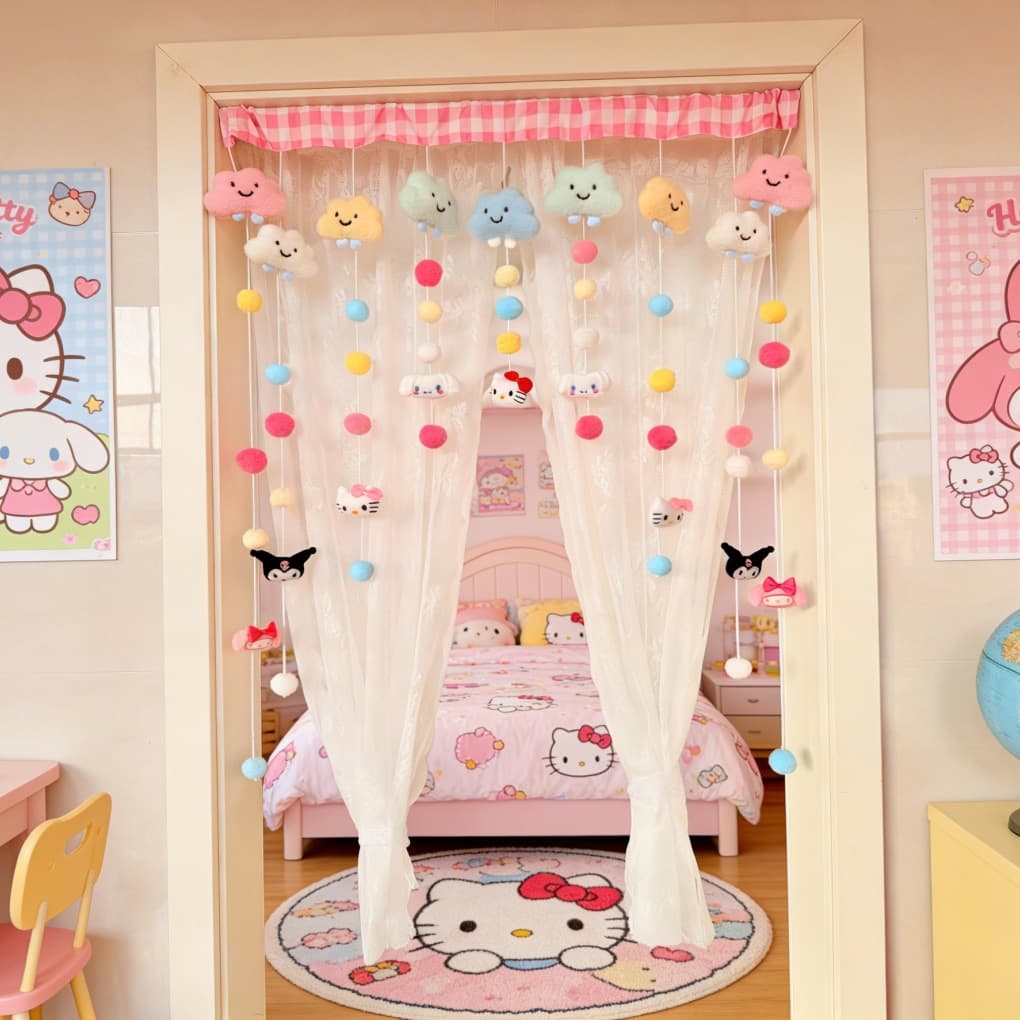 Grid Cloud Princess Girl Style Waterproof Door Curtain Crystal Bathroom Toilet Bedroom Living Room Hallway Partition Hanging