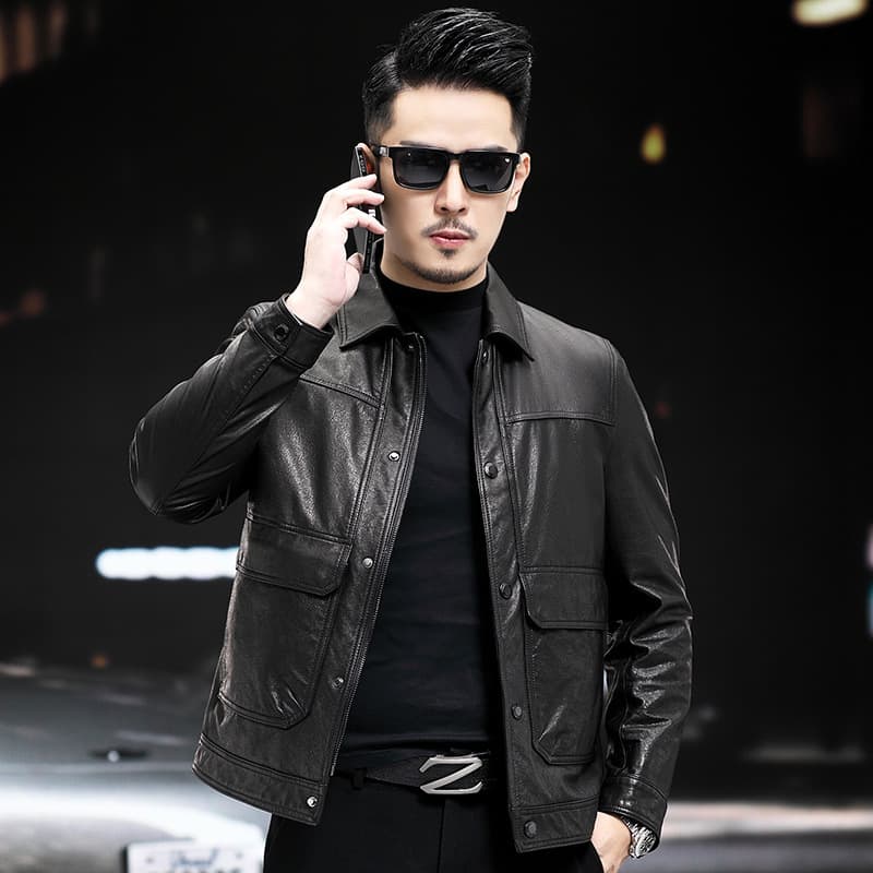 Haining Factory New Genuine Leather Jacket Men's Top Layer Cowhide Waxed Short Slim Fit Down Lining Leather Coat