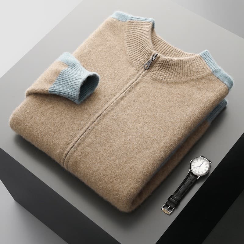 Autumn/Winter Men's 100% Pure Wool Half High Neck Zipper Cardigan Thickened Sweater Business Fashion Warm Color Block Jacket