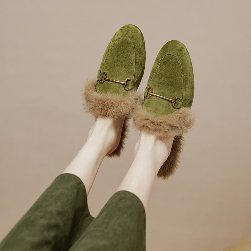 Furry Sheep Suede Rabbit Fur Slippers Women 2024 Winter New Arrival Women's Shoes Open-Toe Half Slippers Warm Cotton Shoes