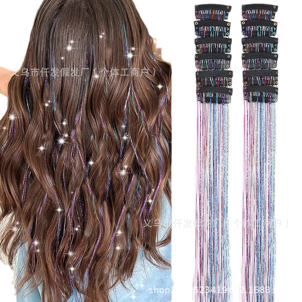 Amazon Tinsel Hair Cross-Border European and American Wig Invisible Hair Extension Laser Strand 6-Pack with Clips in Rainbow Colors