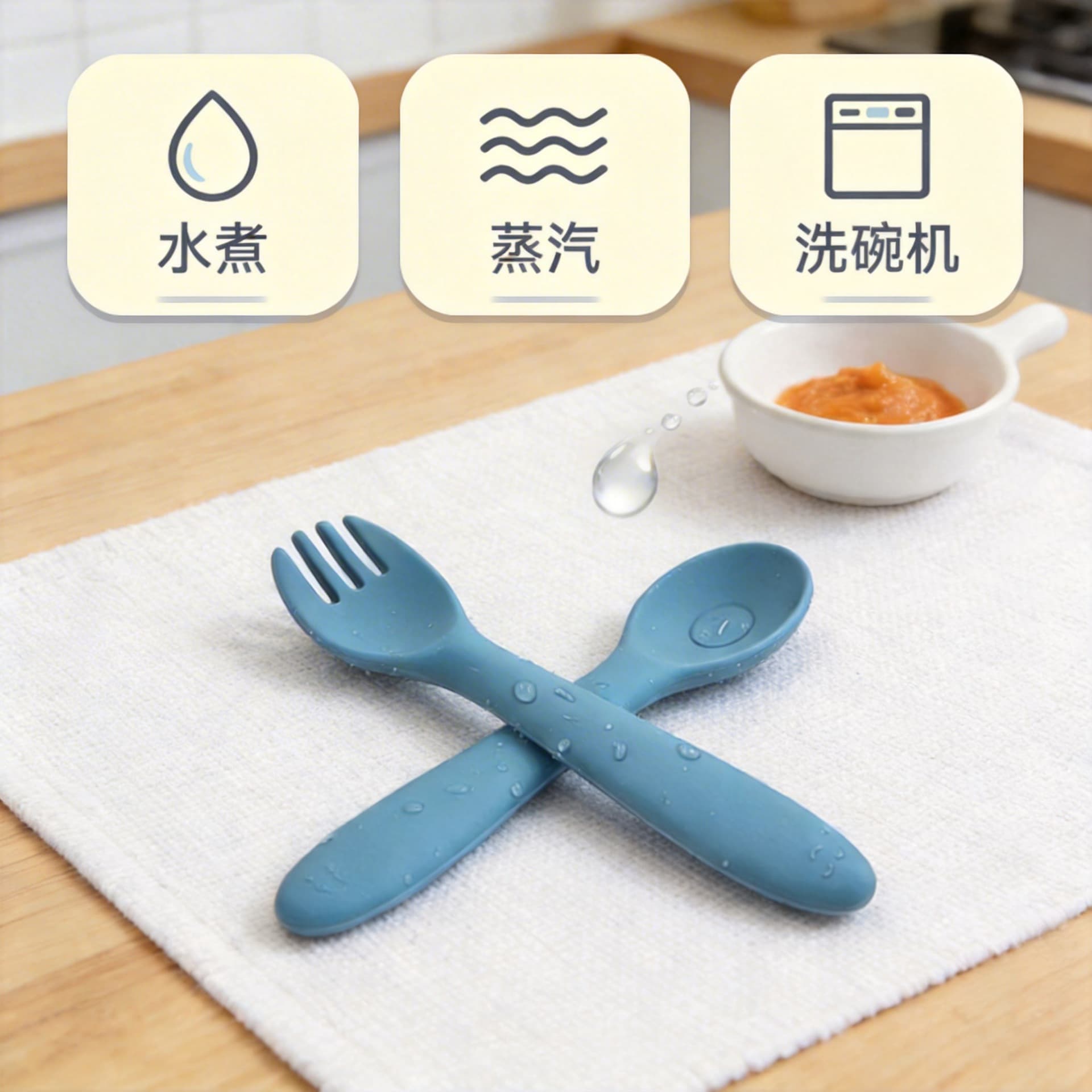 Children's FDA food grade silicone infant long-handled spoon fork baby food supplement tableware training fork spoon feeding