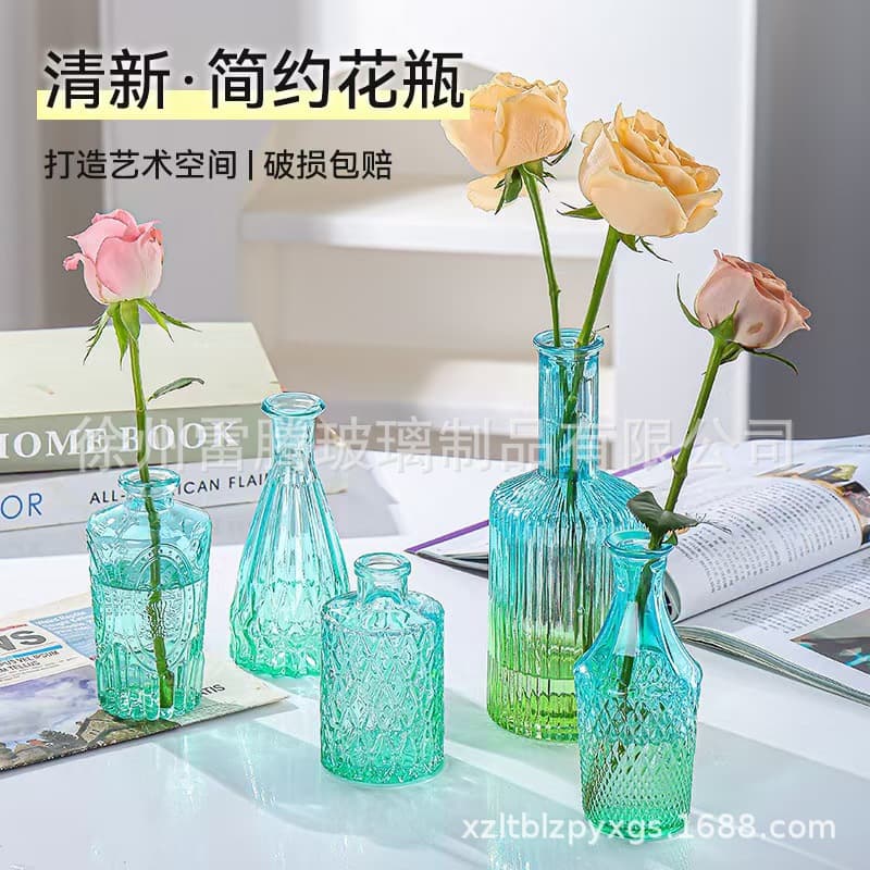 French Vintage Embossed Glass Mini Vase, Ins-Style Transparent Hydroponic Flower Vase, Desktop Decorative Ornament