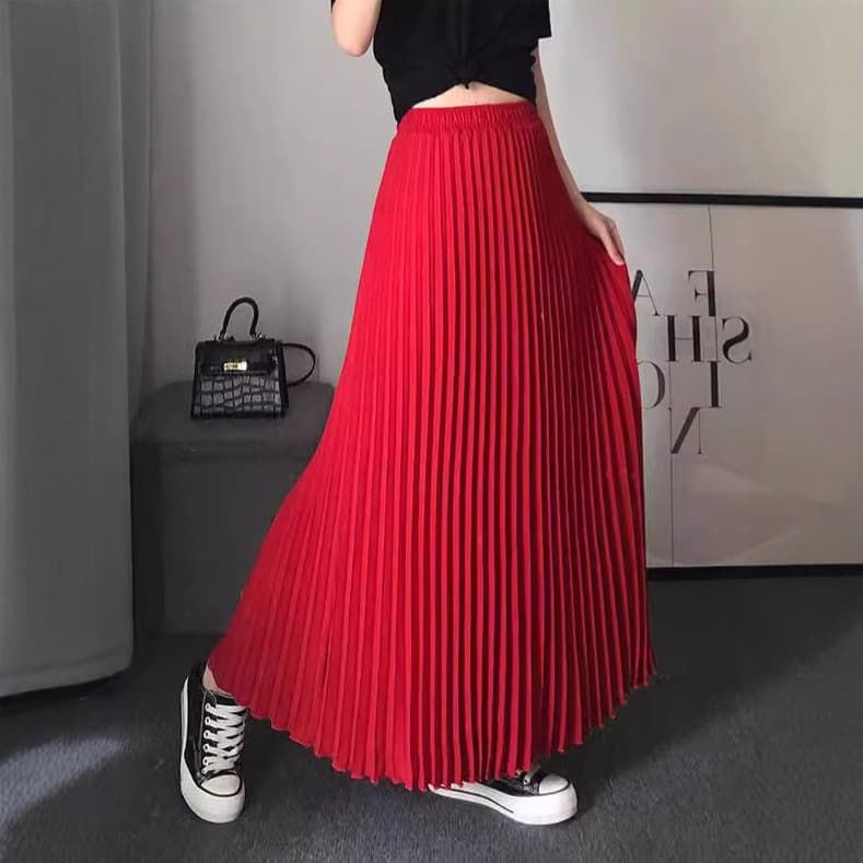 High Waist A-Line Midi Skirt Pleated Chiffon Women's Red Slimming Skirts Polyester Fiber Drawstring Decorations Skirts