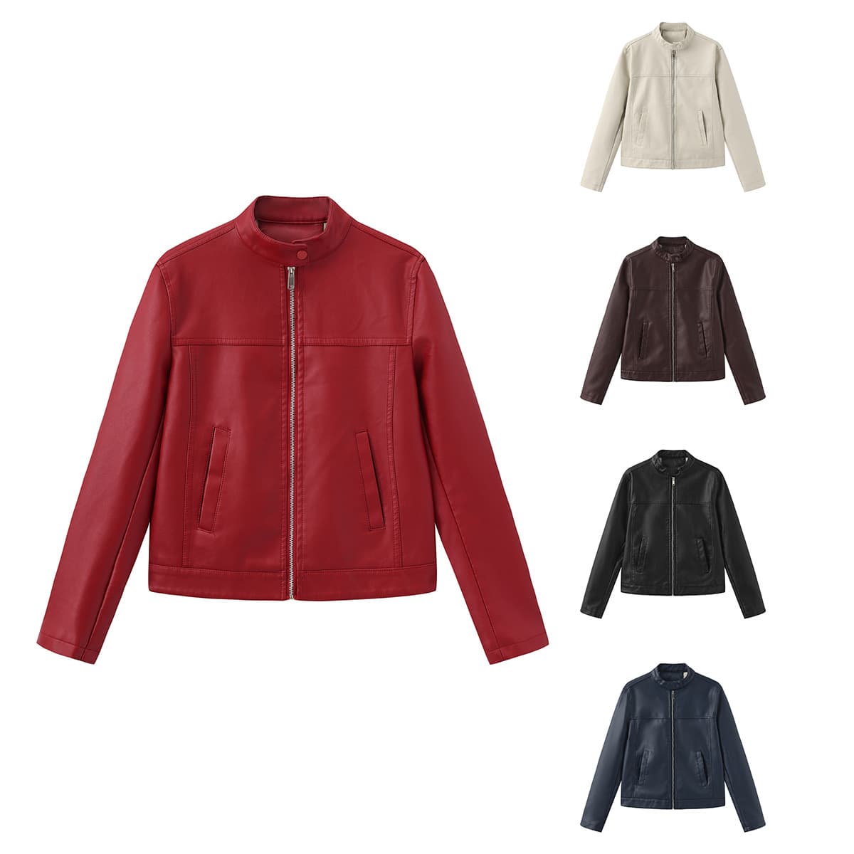 25 Spring/Autumn Casual Leather Jacket Women Fashion European & American Street Style European Size Stand Collar Biker Jacket Cross-border Motorcycle Coat Outerwear PJ46