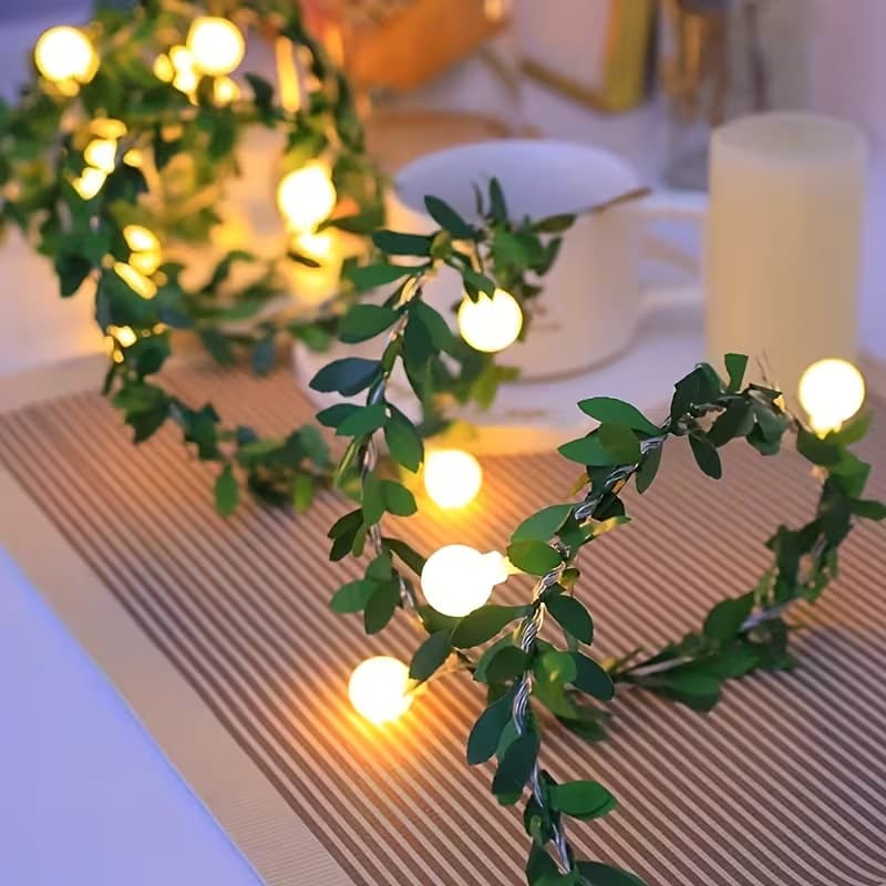 Cross-border LED bubble ball small leaf simulation green rattan light string small white ball rattan cherry blossom green plant courtyard decorative lantern