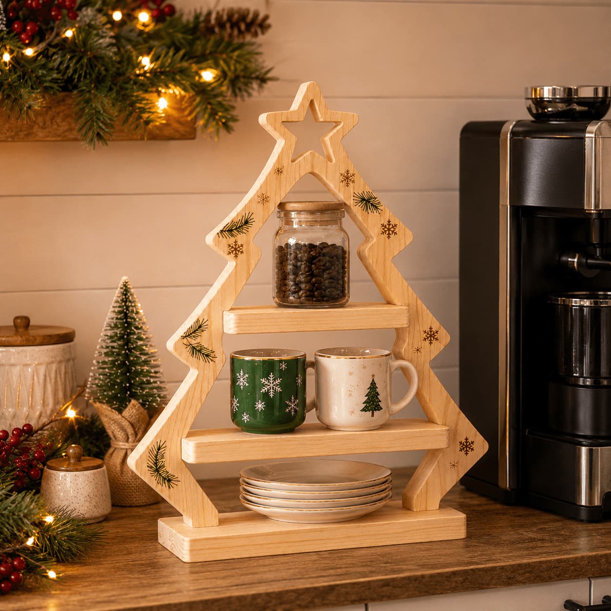 Christmas tree shaped wooden three-tier storage rack desktop storage rack coffee cup display rack holiday decoration organizer rack