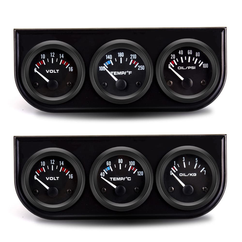 52mm 12V Universal Car Instrument Triple Gauge Water Temperature Gauge Voltmeter Oil Pressure Gauge Fahrenheit Celsius
