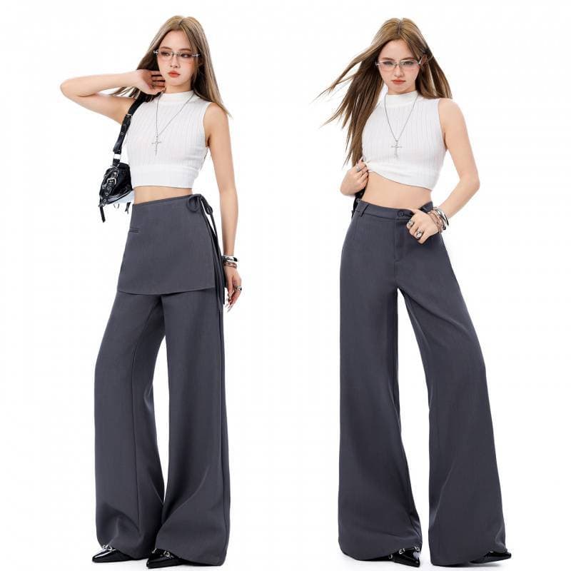 Wholesale Gray Fake Two-Piece Suit Pants for Women, Spring High-Waist Slimming Hip-Curtain Layered Flared Long Pants