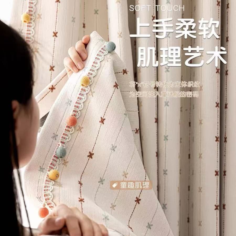 New Children's Room Curtains for Boys and Girls, Cream Chenille Bay Window Bedroom Blackout Curtains, Rainbow Star Wish Curtains
