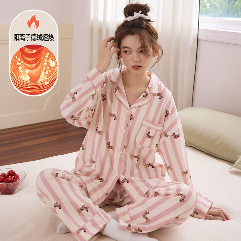 Women's De Velvet Pajama Set, Autumn Winter Long Sleeve Sweet Cute Student Plus Size Thick Warm Homewear, Wearable Outside