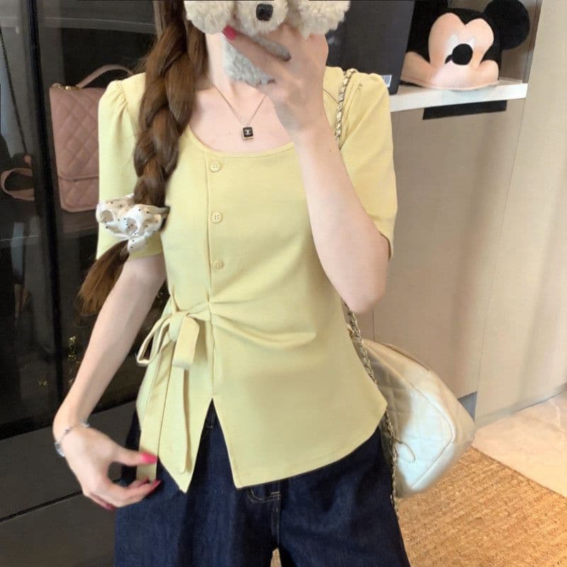 Right shoulder large size fat mm irregular pleated lace design cotton short-sleeved T-shirt summer right shoulder design t-shirt top