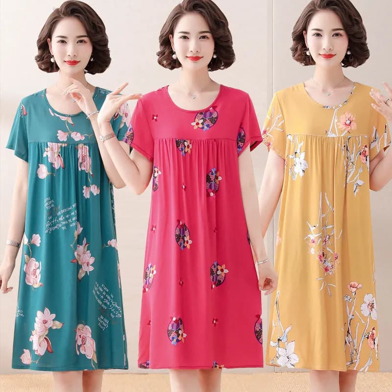 2023 New Women's Cotton Silk Printed Dress Short Sleeve Summer Thin Home Casual Cotton Silk Nightgown Wholesale Skirt