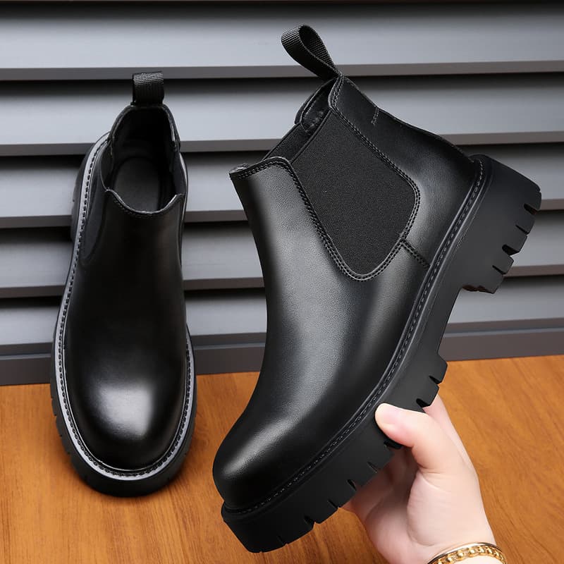 2024 Korean Style British Trend Men's Casual High-Top Leather Shoes Business Vintage Simple Leather Boots Martin Boots Pull-On Ankle Boots