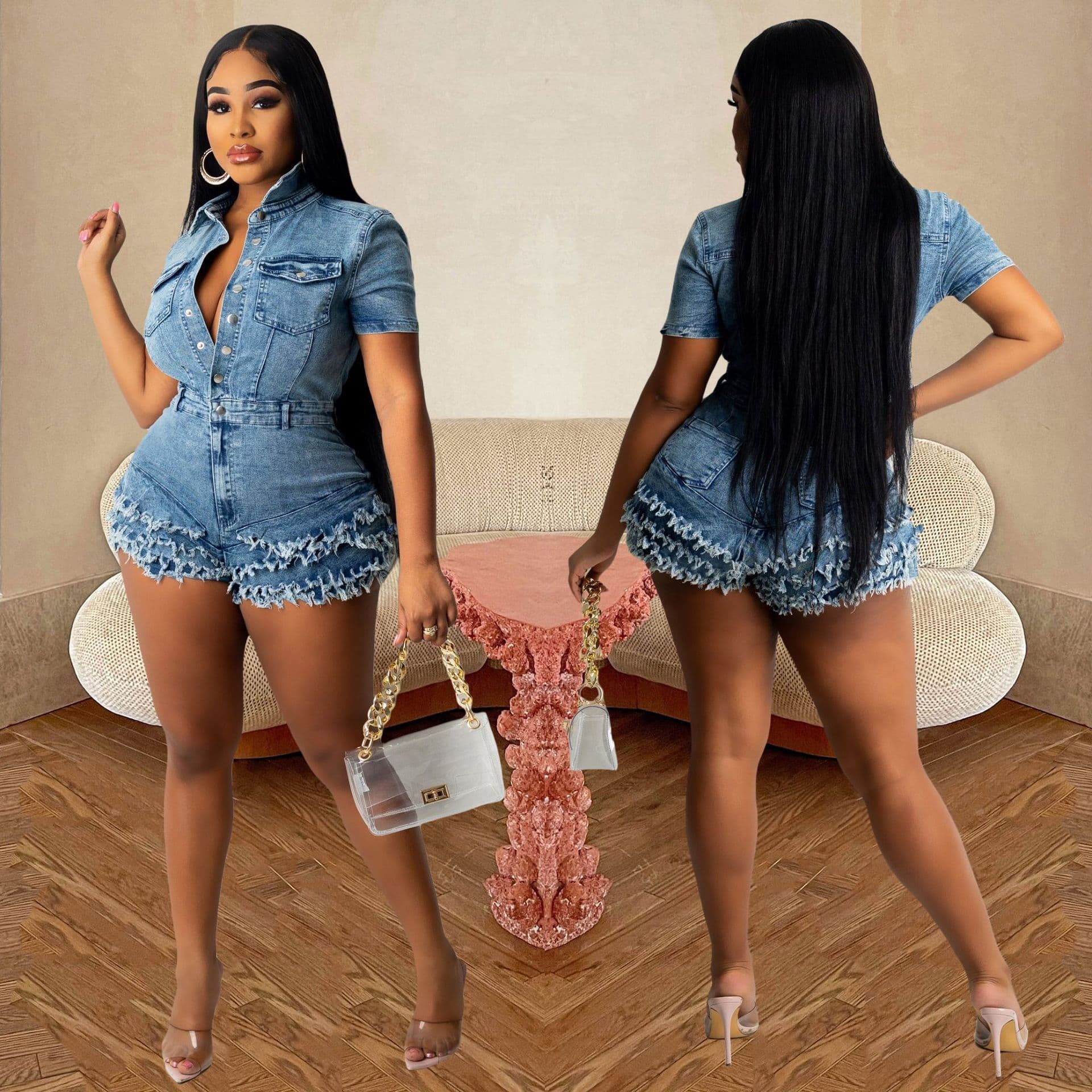 Cross-border Denim Jumpsuit Shorts Amazon New Style Frayed Denim Washed Fashion Slim Fit Denim Romper
