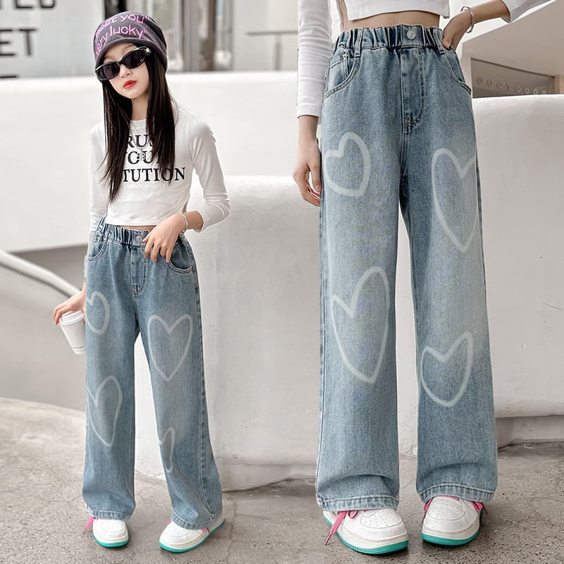 Girls' spring and autumn jeans new fashion girls Korean style large children's love denim wide leg pants trendy children