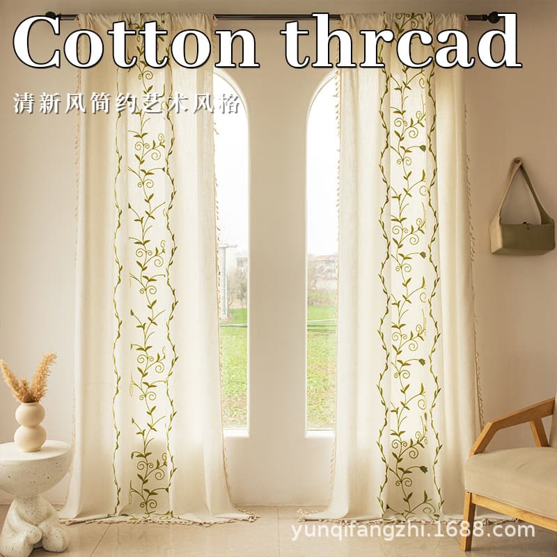 American Cotton Linen Tassel Curtain Embroidered Floral Semi-Sheer Ready-Made Curtain for Bedroom Balcony Kitchen Short Curtain Premium Look