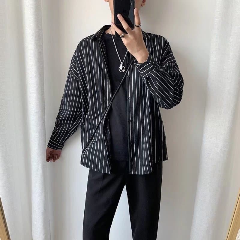 New Autumn Striped Shirt for Men Casual Outerwear Hong Kong Style Loose Jacket Drop Shipping