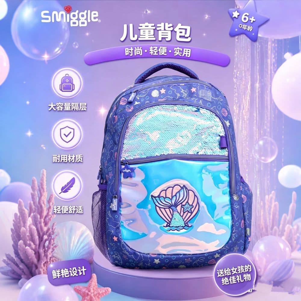 Australian Smiggle Backpack for Grades 1-6 Students, Purple Mermaid Hero Decompression Backpack, Multifunctional Bag
