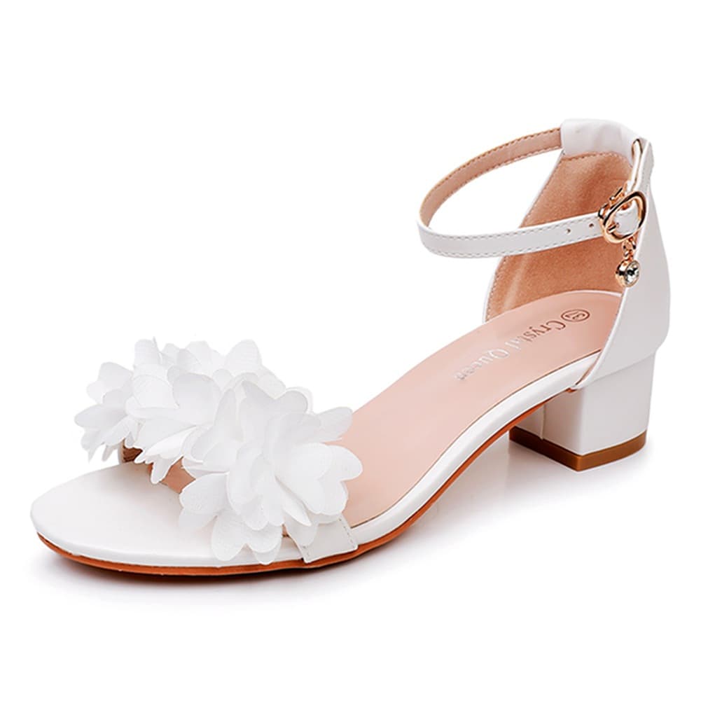 7cm Round Toe Square Heel Chunky Heel Open Toe One-Strap Sandals Pure White Flower Bride Wedding Photography High Heel Sandals