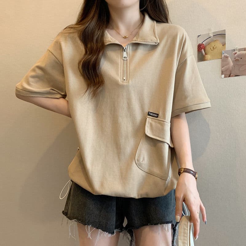 Women's Polo Neck Zipper Short Sleeve T-Shirt Summer New Design Slimming Large Size Drawstring Versatile Top Polyester Fiber