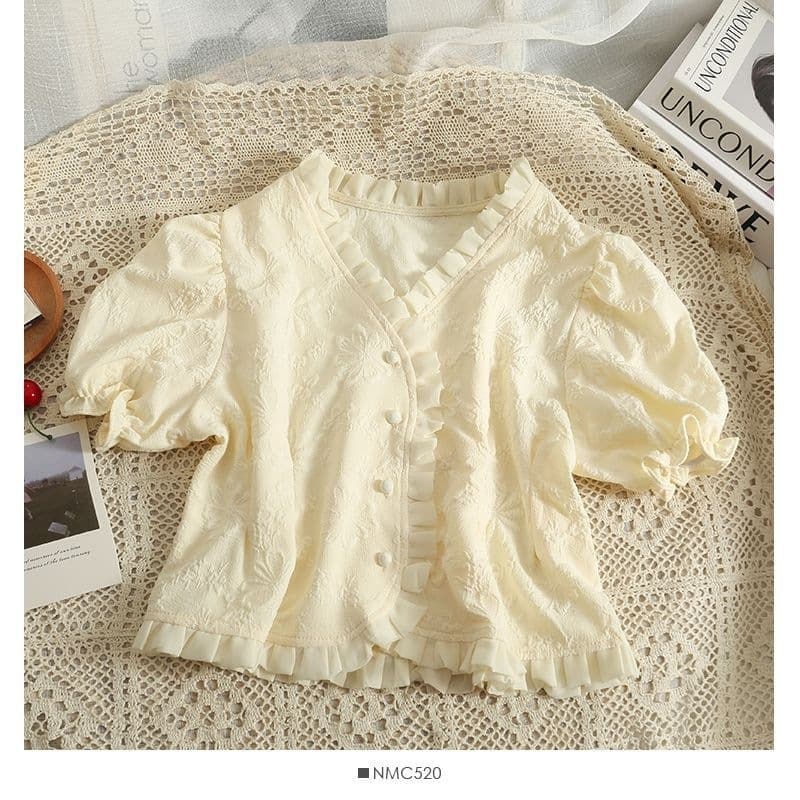 Puff Sleeve V-Neck Short Sleeve Blouse for Women, Spring Summer Cardigan Cropped Top 2023 New Women's Clothing