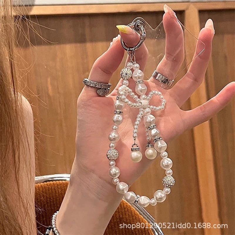 New Rhinestone Pearl Bow Phone Strap Keychain Bag Anti-Drop Chain Handmade Beaded Phone Charm