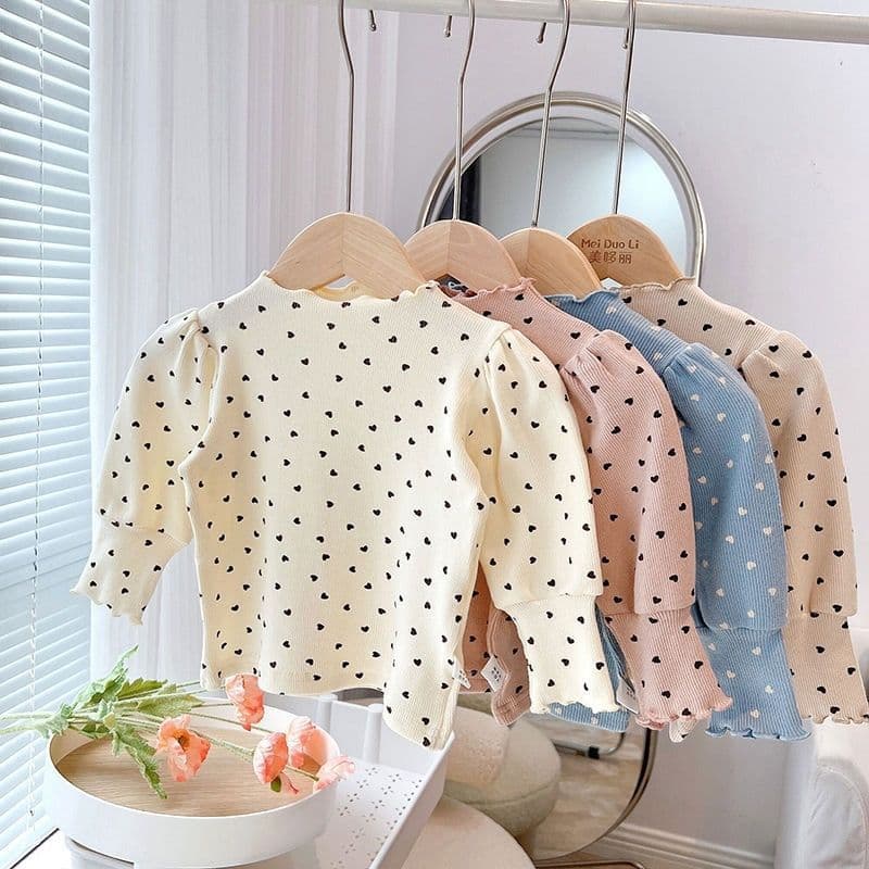2025 Spring and Autumn Girls' Base Layer Top Baby Stylish Children's Korean Style Ruffle Trim Heart Bubble Sleeve T-Shirt