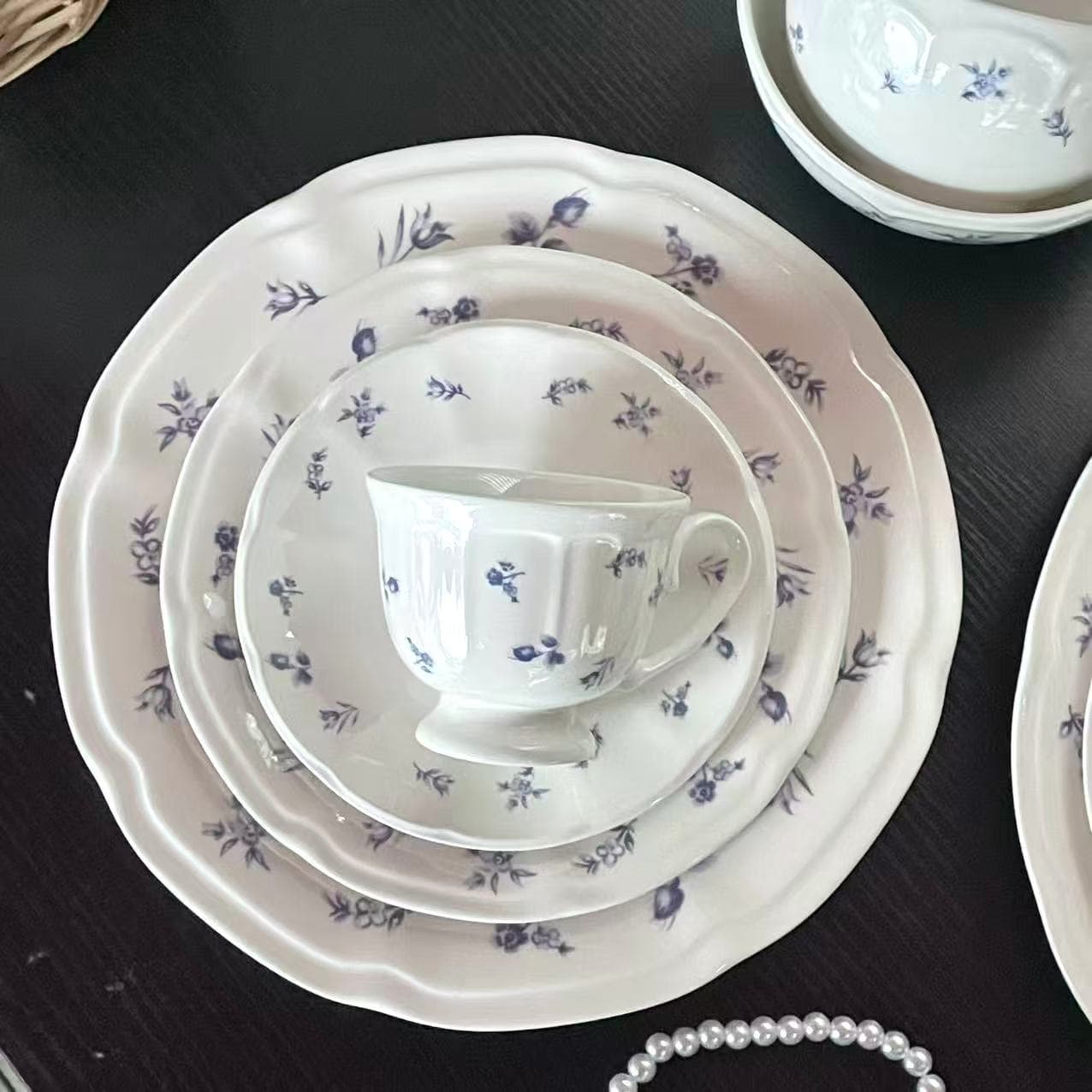 French Floral Series Ceramic Plate, Lace-Edge Ceramic Bowl, Coffee Cup & Saucer, Dessert Plate, Deep Plate, Home Dinnerware Set