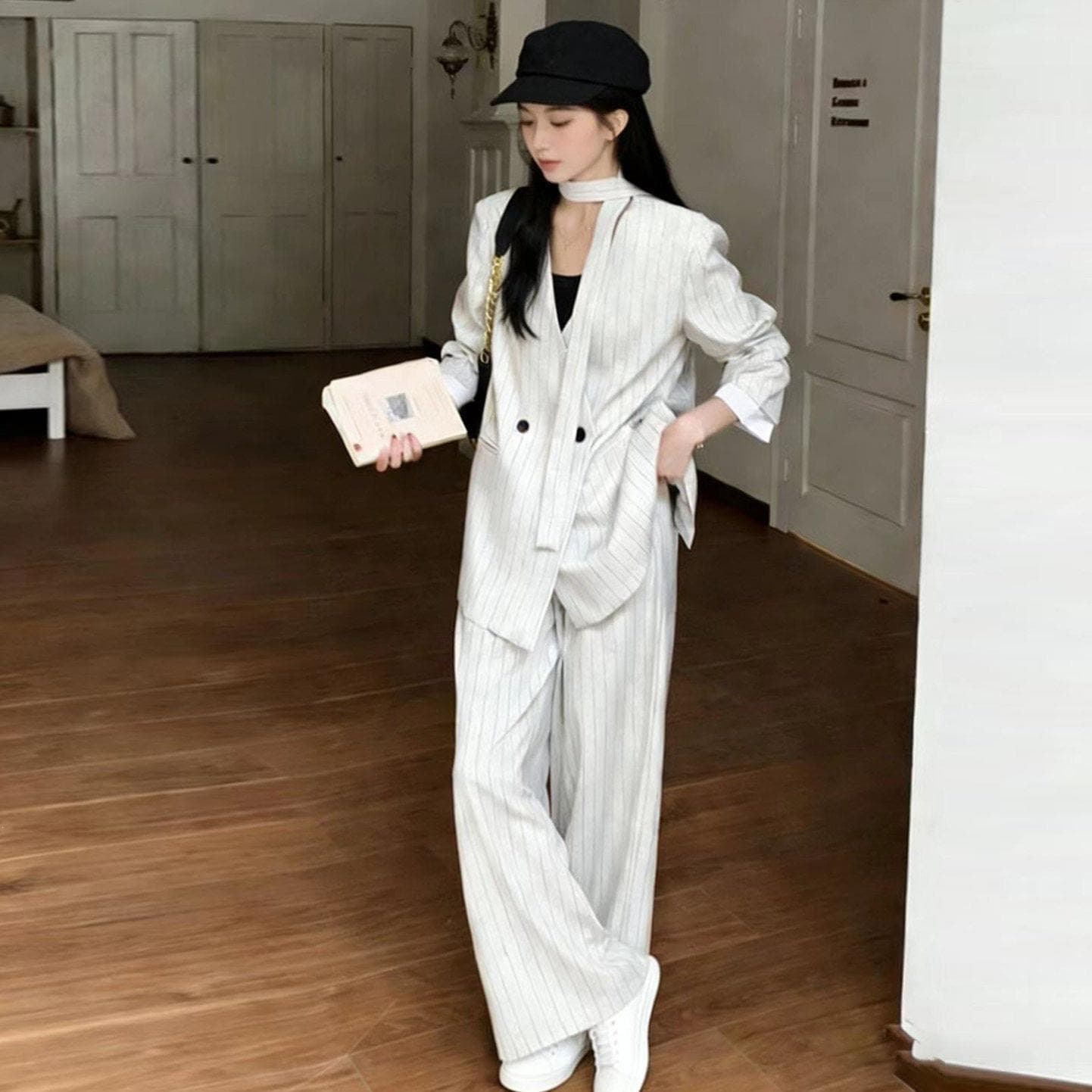 Fashionable temperament blazer women's 2026 spring and autumn new slim striped wide-leg trousers western style suit