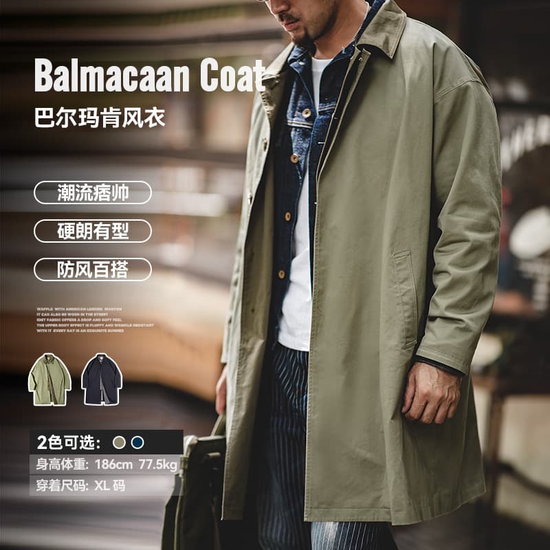 Madden Workwear American Casual Color-Block Balmacaan Windbreaker, Heavyweight Loose Mid-Long Thin Coat for Men, Autumn