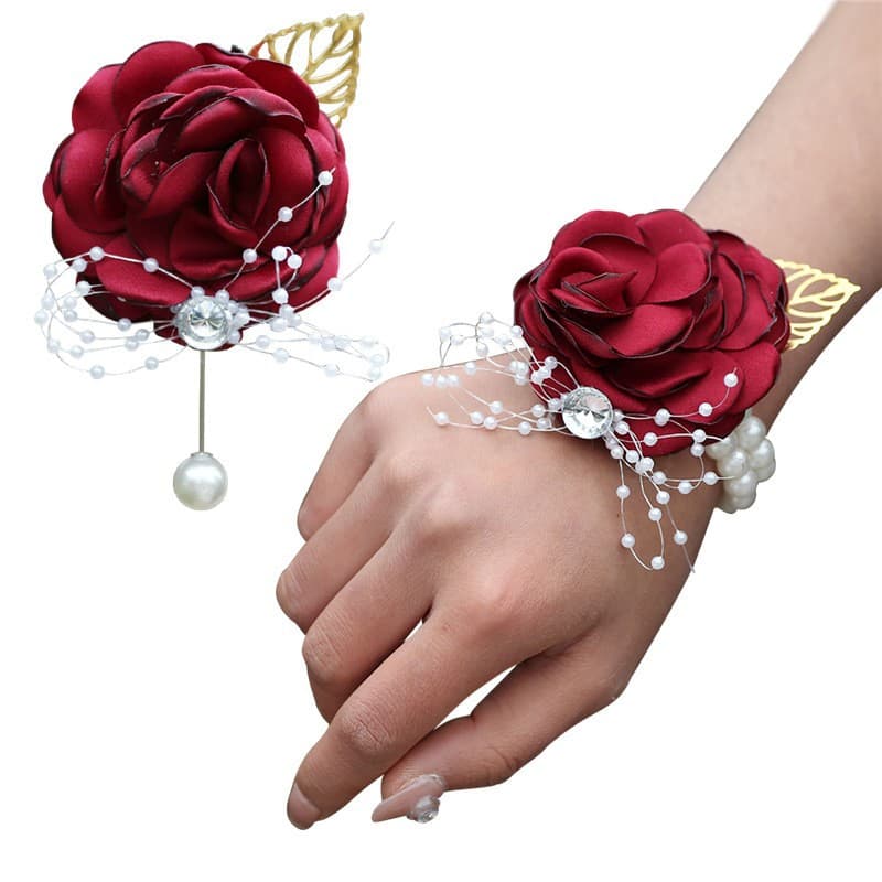 European and American popular gold leaf beaded wrist corsage, pearl and rhinestone boutonniere, bridal and groom pins, party supplies XH769