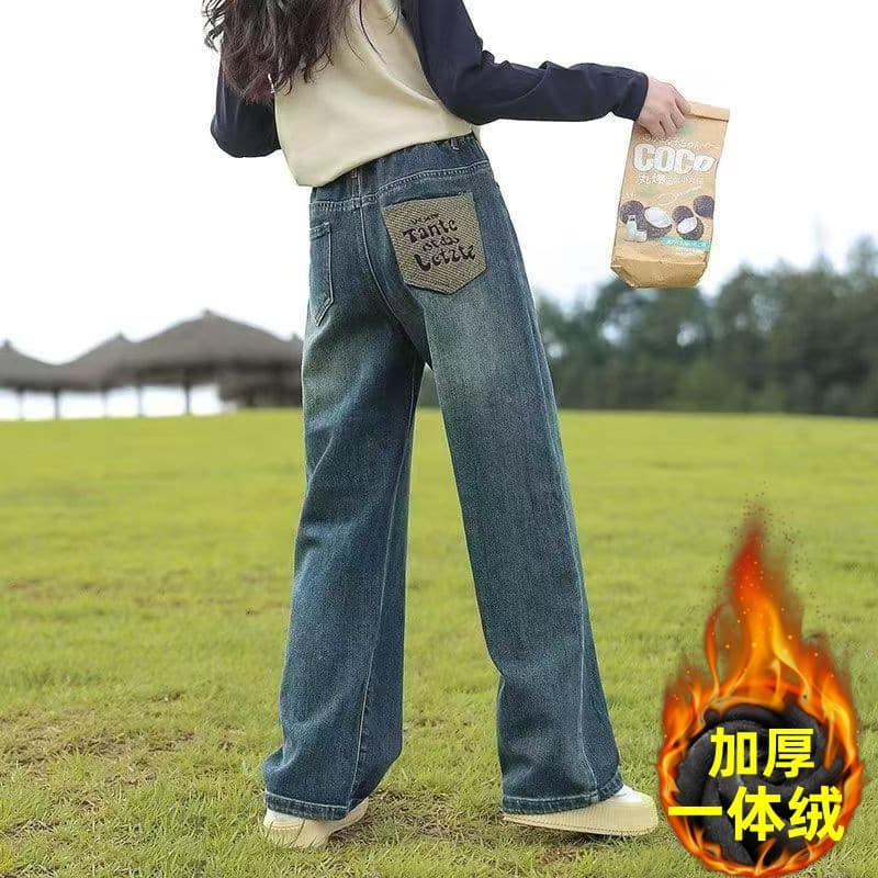 Girls' Fleece-Lined Wide-Leg Pants, 2024 Winter New Style for Big Kids, Trendy Thick Warm Loose Denim Straight-Cut Pants