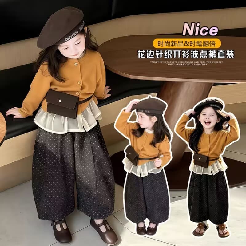 Girls' Korean Style Autumn New Princess Chic Patchwork Long-Sleeve Top with Versatile Polka Dot Pants Two-Piece Set