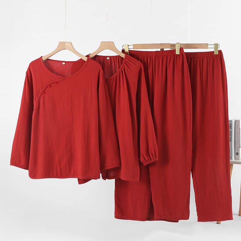 New Year Red Pajama Set for Women/Couples, Pure Cotton Double-Layer Gauze, Long Sleeve and Pants, Festive Homewear