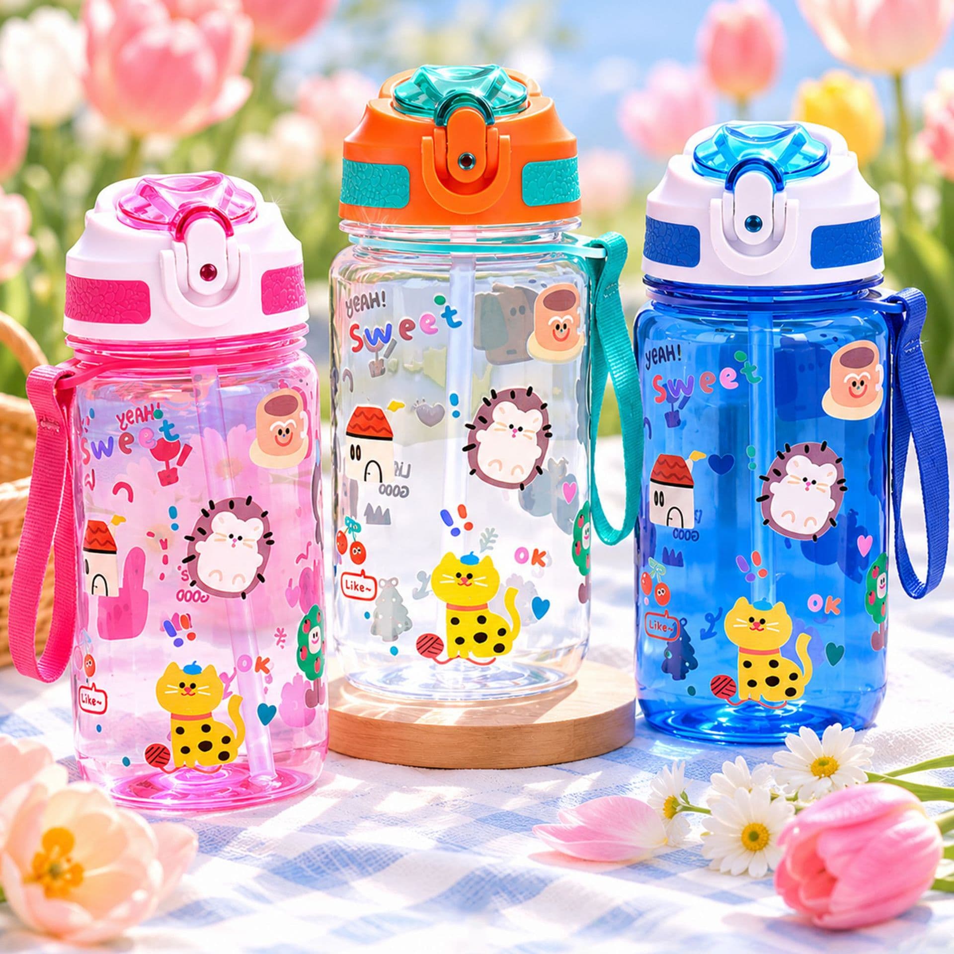 Cross-Border Best-Selling Children's Straw Water Bottle with Printed Pattern, One-Button Pop-Up Lid, Leak-Proof and Drop-Resistant Straw Cup