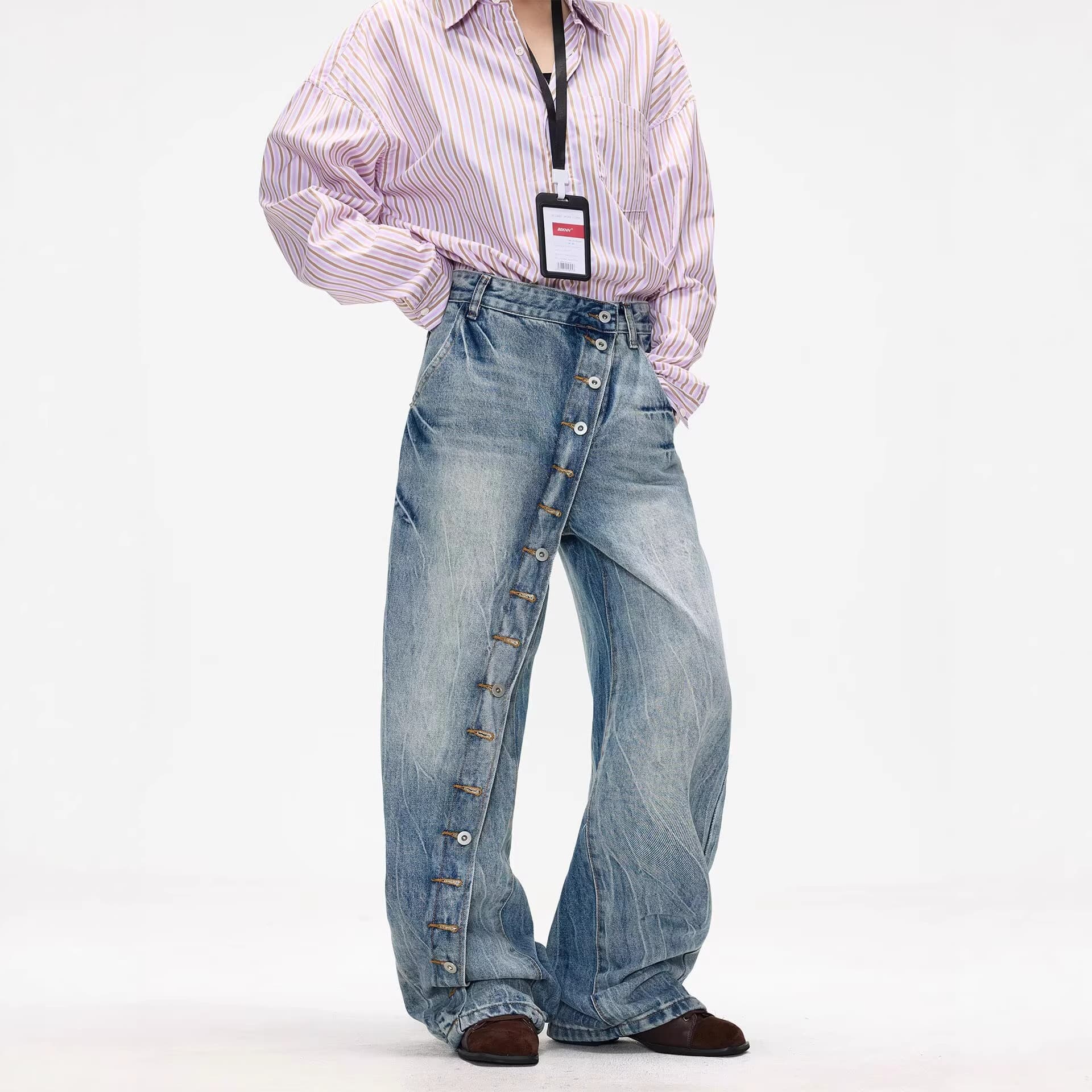 American High-Street Design Asymmetric Button-Front Jeans for Men and Women, Y2K Vintage Washed Retro Floor-Length Pants