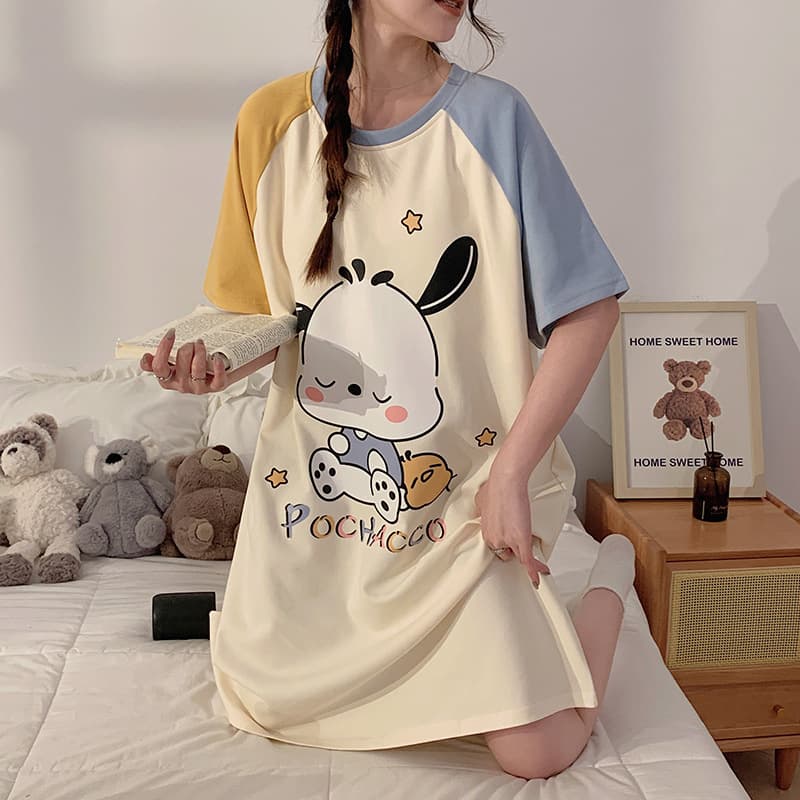 Women's Summer Nightgown Short Sleeve Cute Cartoon Student Popular Pajamas Loose Fit Spring and Autumn Homewear