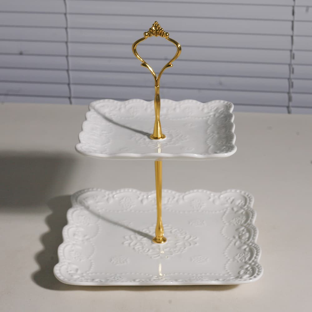 White Ceramic Fruit Bowl Three-Tier Relief Dessert Stand Nut Plate Coffee Table Cake Display Stand Dessert Display